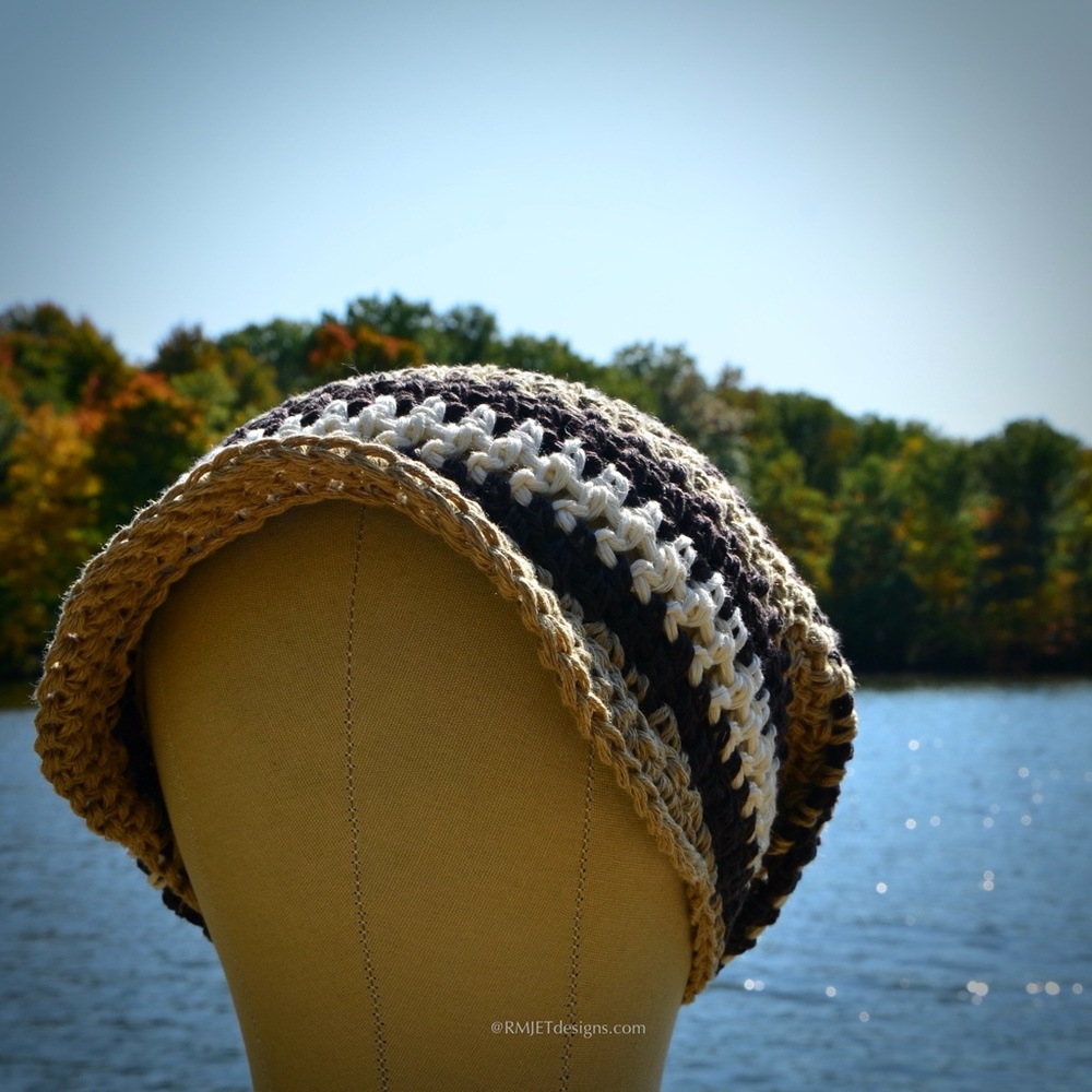 Handmade 100% Hemp Beanie Hat - Brown Tan Cream